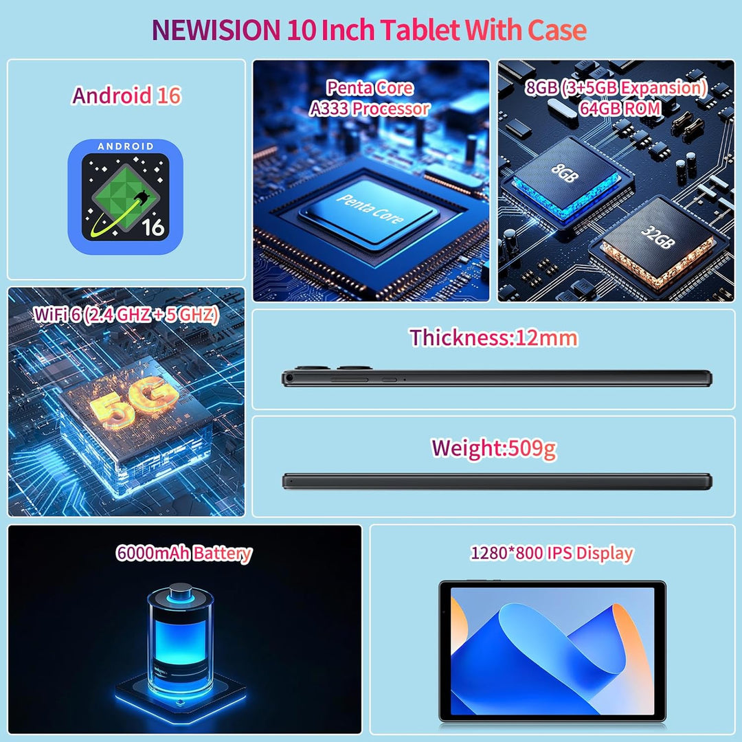 NEWISION Tablet 10 pulgadas Android 16, 8GB RAM 32GB Almacenamiento...