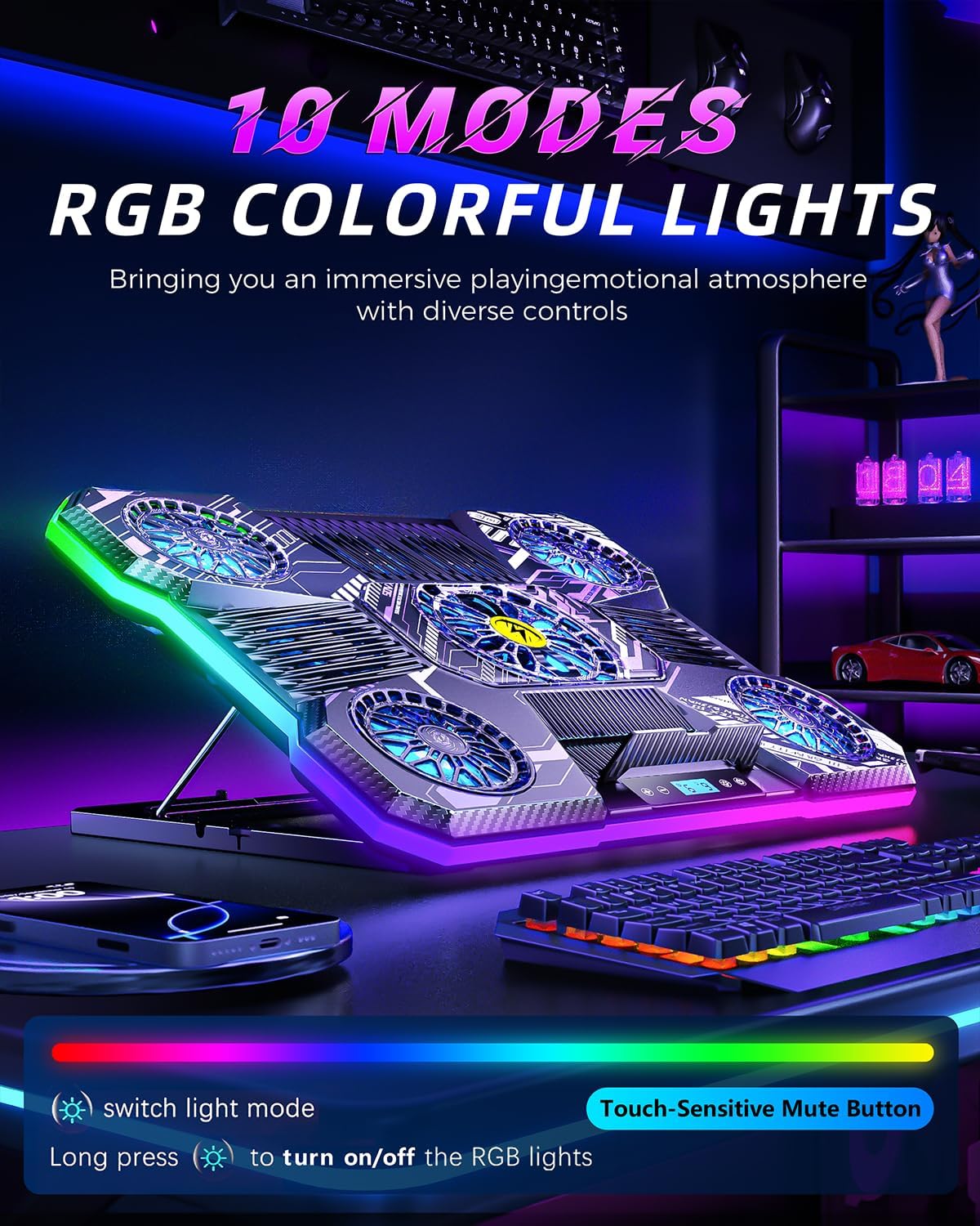 Almohadilla de enfriamiento RGB para laptop, ventilador de laptop para juegos, 9 ventiladores para portátiles de 15.6 a 19.3 pulgadas, enfriador de laptop con 8 soportes de altura, 2 puertos