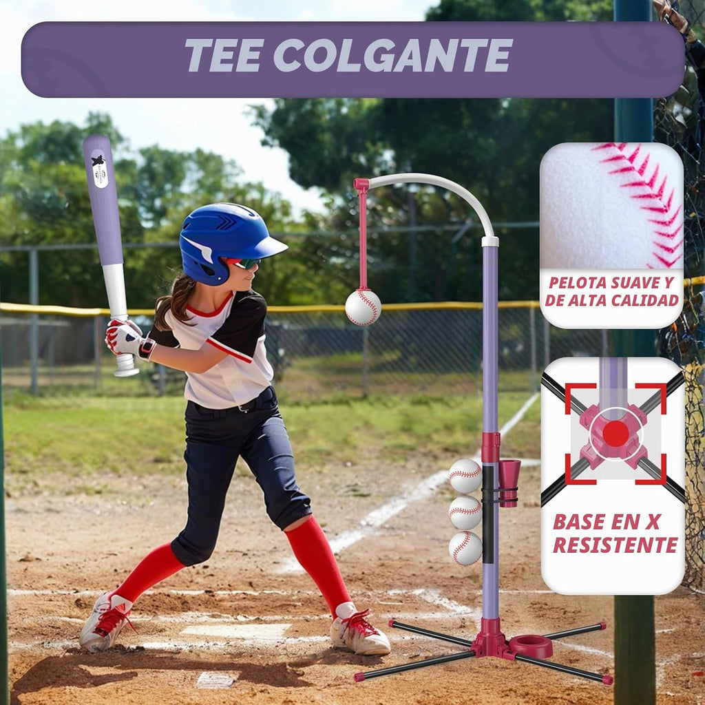 Juego de Pelota T 3 en 1 - Altura Ajustable, Juego de Pelota T Colgante con Máquina de Lanzamiento Automático/6 Pelotas/Bate Retráctil, Soporte de Pelota T Adecuado para Exteriores