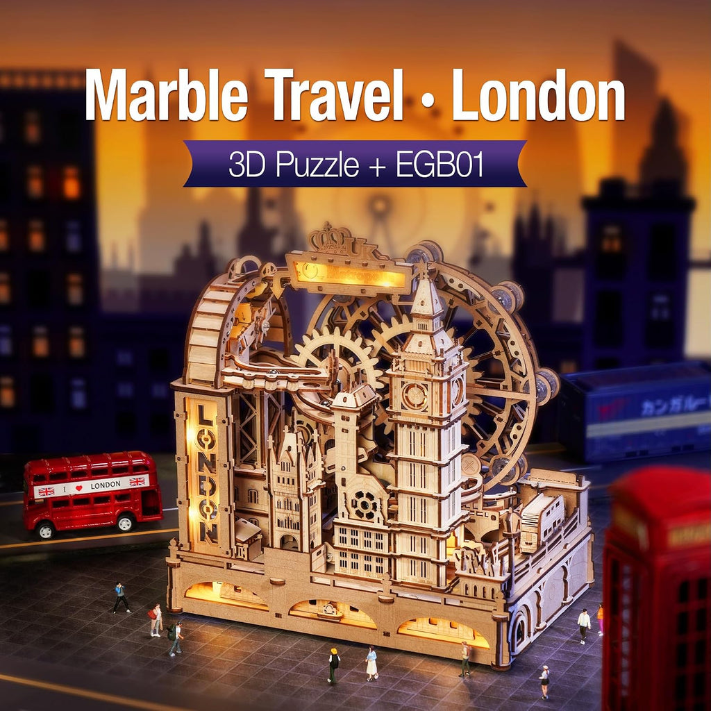 ROKR Marble Travel London, 3D Wooden Puzzles para Adults, Marble Run Kit Adults a Build, 3D Wooden Puzzle con LED, Unique Gift para Men Women