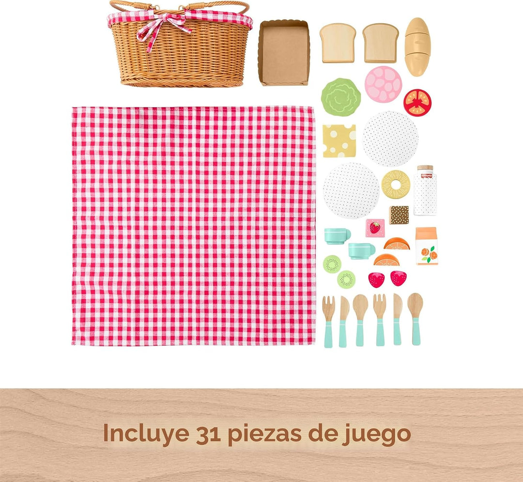 Fisher-Price Cesta de picnic de juguete de simulación de madera, ju...