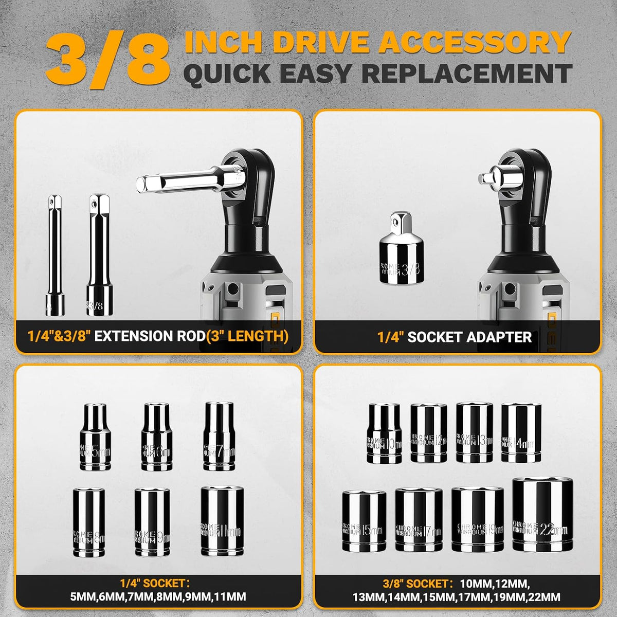 DEKOPRO Juego de llaves de trinquete eléctricas inalámbricas, 19 piezas, kit de herramientas de trinquete eléctrico, llaves de trinquete inalámbricas de 8 V 3/8 pulgadas, velocidad variable con 14