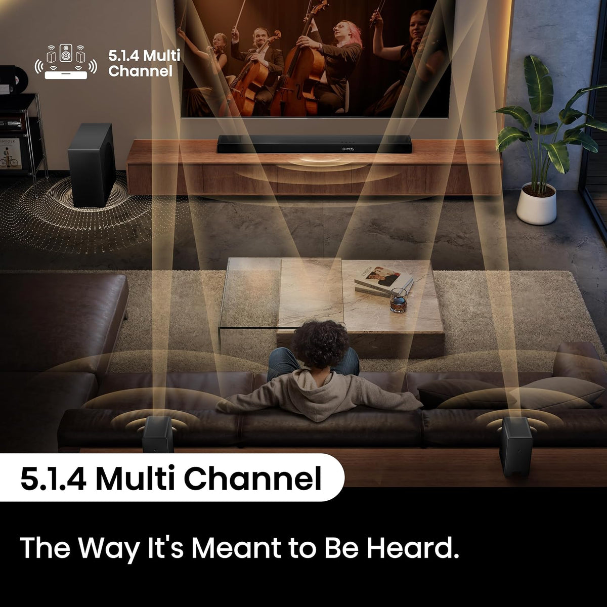 Hisense AX5140Q - Barra de sonido de cine en casa de 5.1.4 canales con subwoofer inalámbrico y altavoces envolventes traseros, altavoces de encendido ascendente, Dolby Atmos, DTS:X, Bluetooth 5.3, HDMI eARC, control de aplicación y control remoto, 7 modos