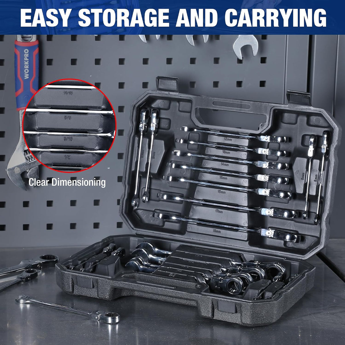 WORKPRO - Juego de 22 llaves de trinquete con cabeza flexible, juegos de llaves combinadas con caja organizadora, 72 dientes, métrica 6-18mm y SAE 1/4-3/4"