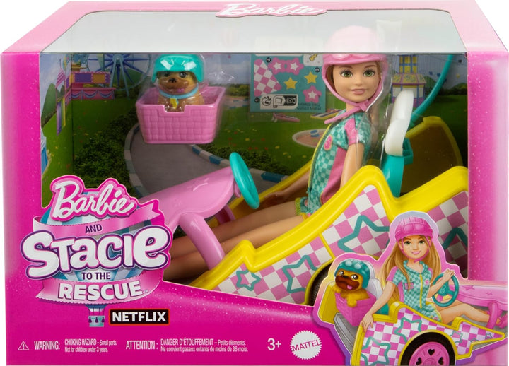Barbie Stacie - Muñeca con coche de karts con ruedas rodantes, perr...