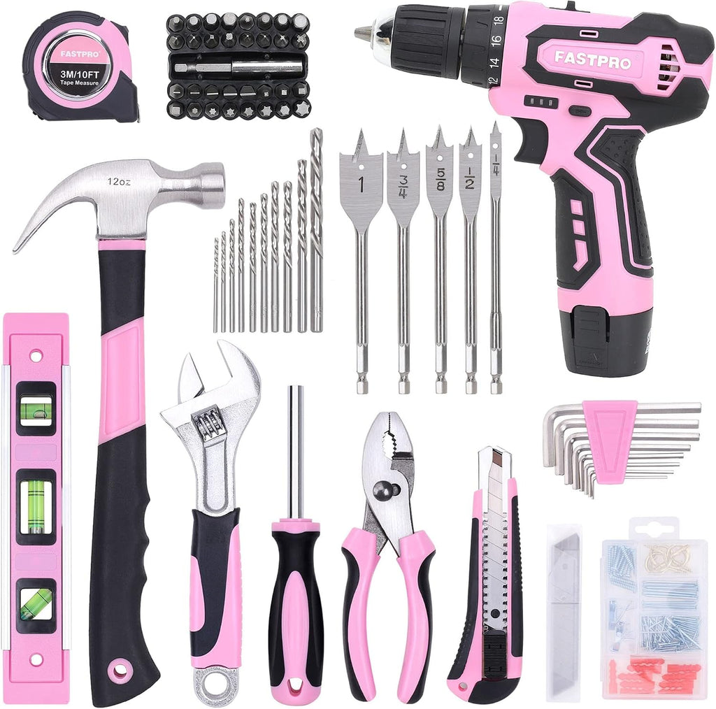 FASTPRO Juego de taladro rosa de 12 V para mujer, juego de herramientas
