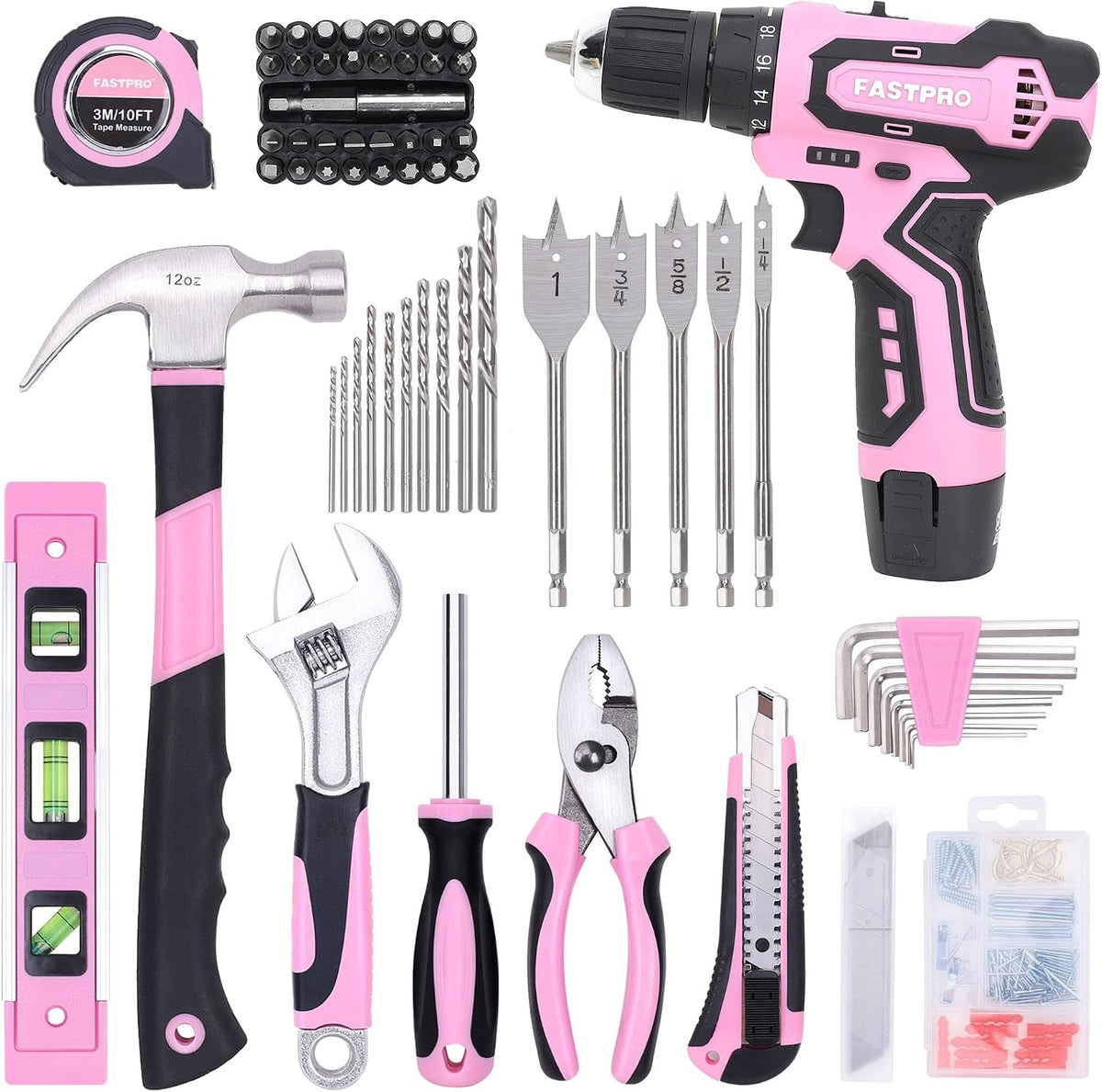 FASTPRO Juego de taladro rosa de 12 V para mujer, juego de herramientas