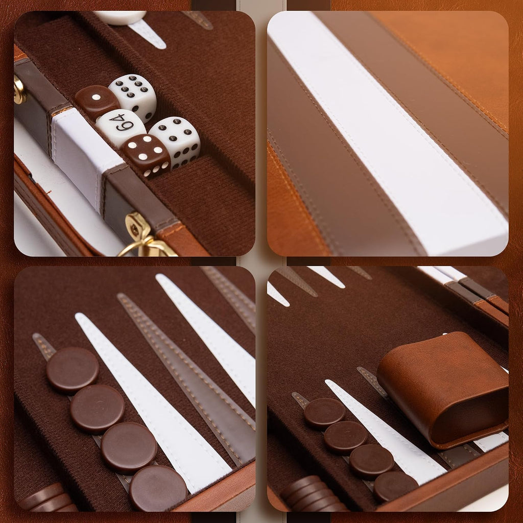 Juego de mesa de backgammon, estuche tipo cuero de lujo, interior de fieltro, marrón, juego clásico de backgammon, juego de mesa popular, juegos de mesa (mediano (15"))