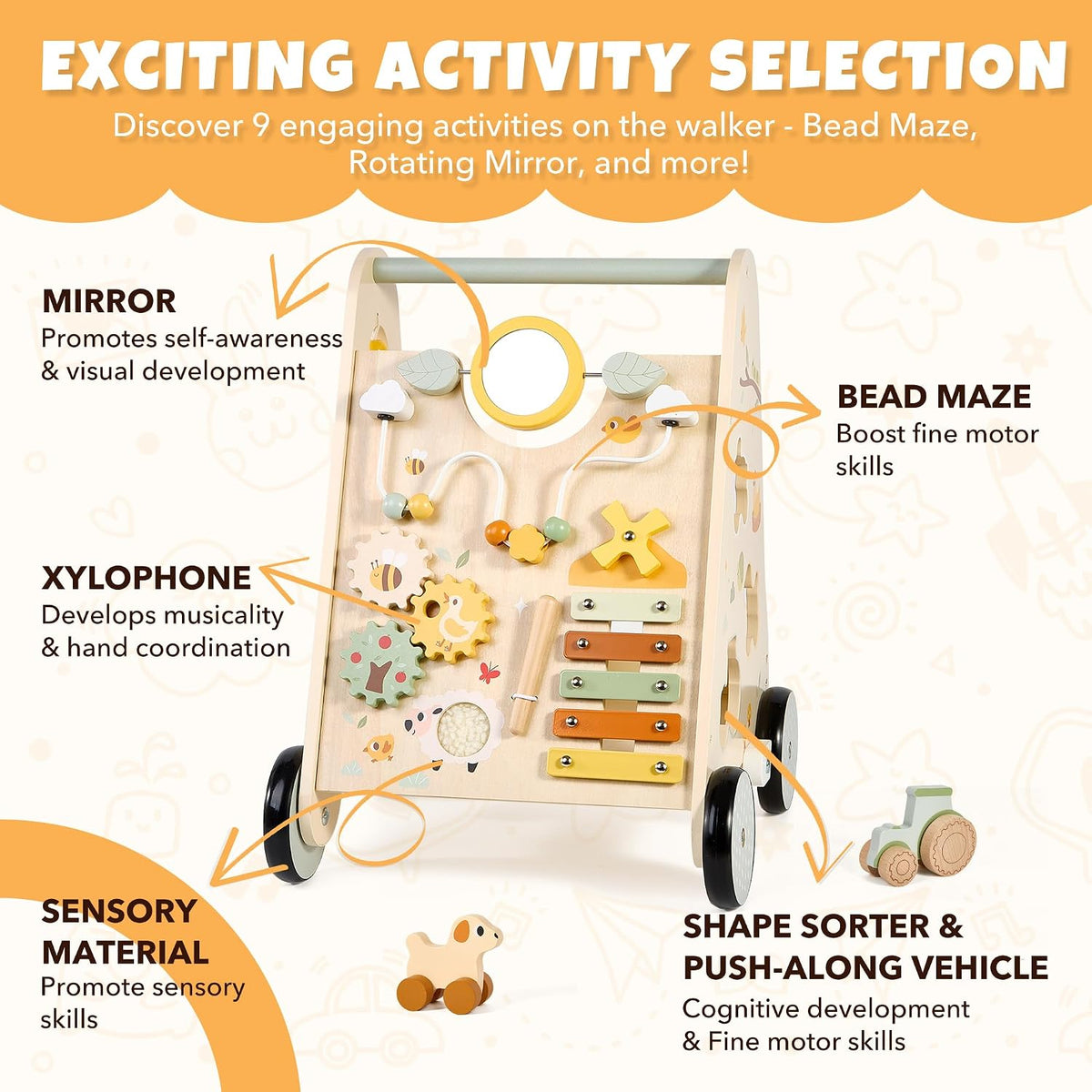 Andador de madera para bebés, andador de bebé con centro de actividades para niñas y niños, juguetes sensoriales Montessori para bebés que aprenden a caminar y sentarse a estar de pie