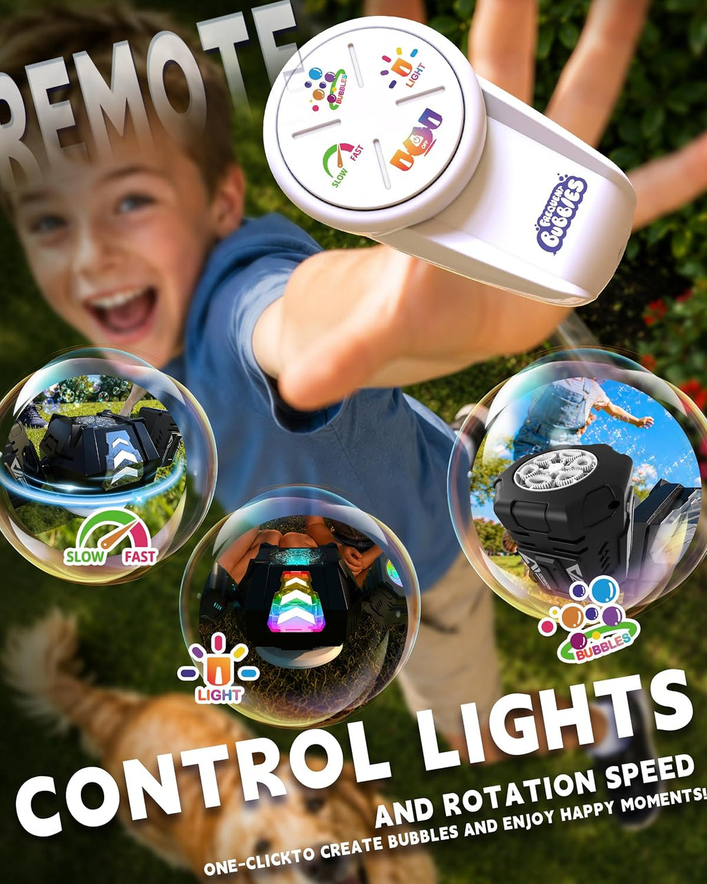 Máquina de burbujas RC, Luz RGB 360° Auto rotación Recargable Bubble