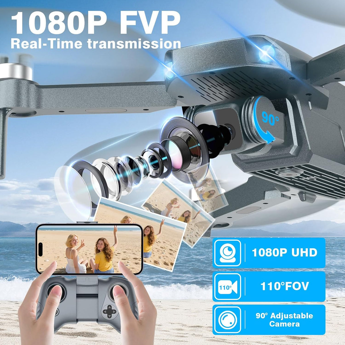 FPV Drone con cámara 1080P HD - Cuadricóptero RC plegable para adultos principiantes niños, control de voz, selfie gesto, modo sin cabeza, 2 baterías de 30 minutos de tiempo de vuelo largo, funda de