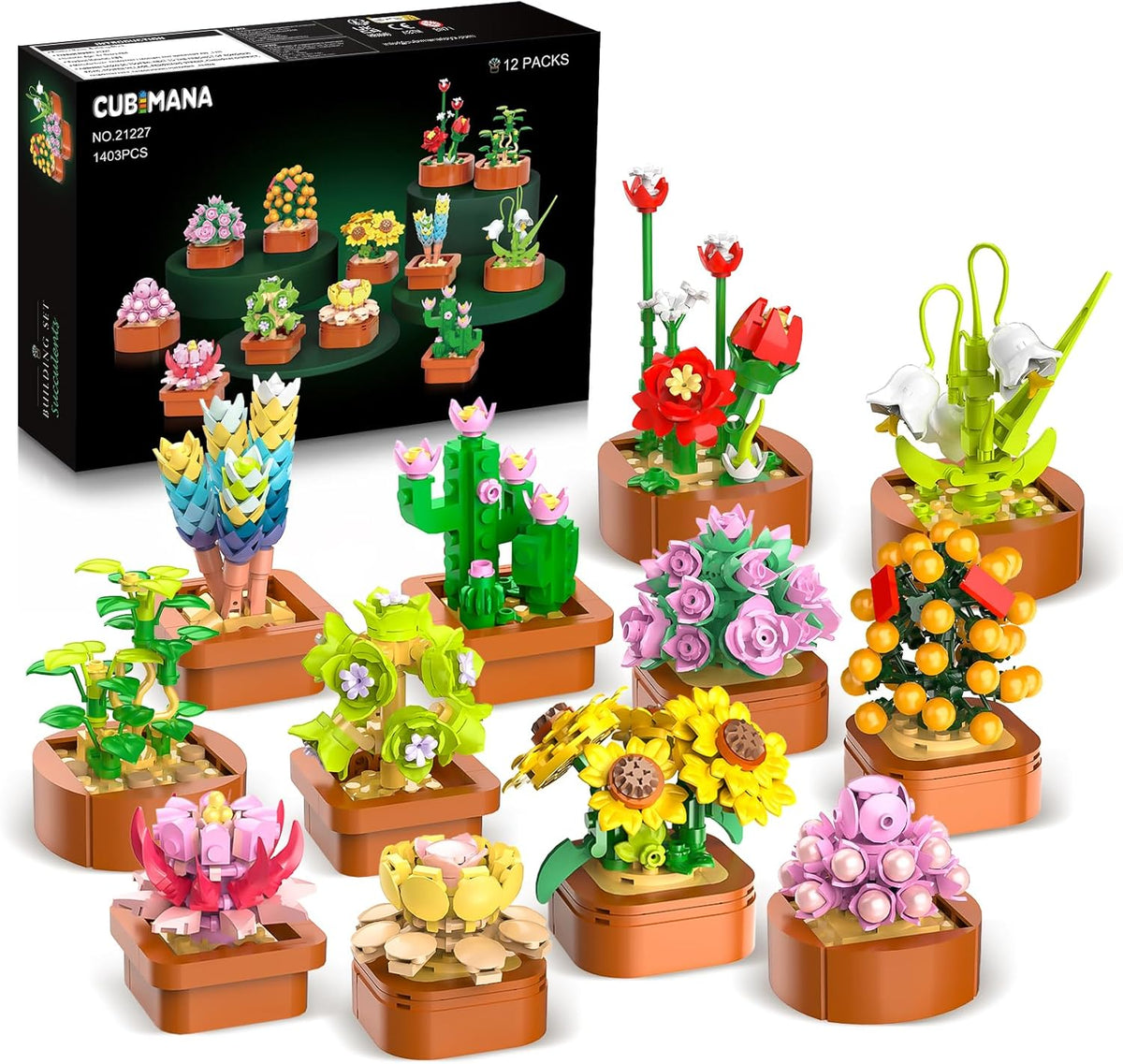 CUBIMANA Paquete de 12 mini construcción botánica de flores para adultos y
