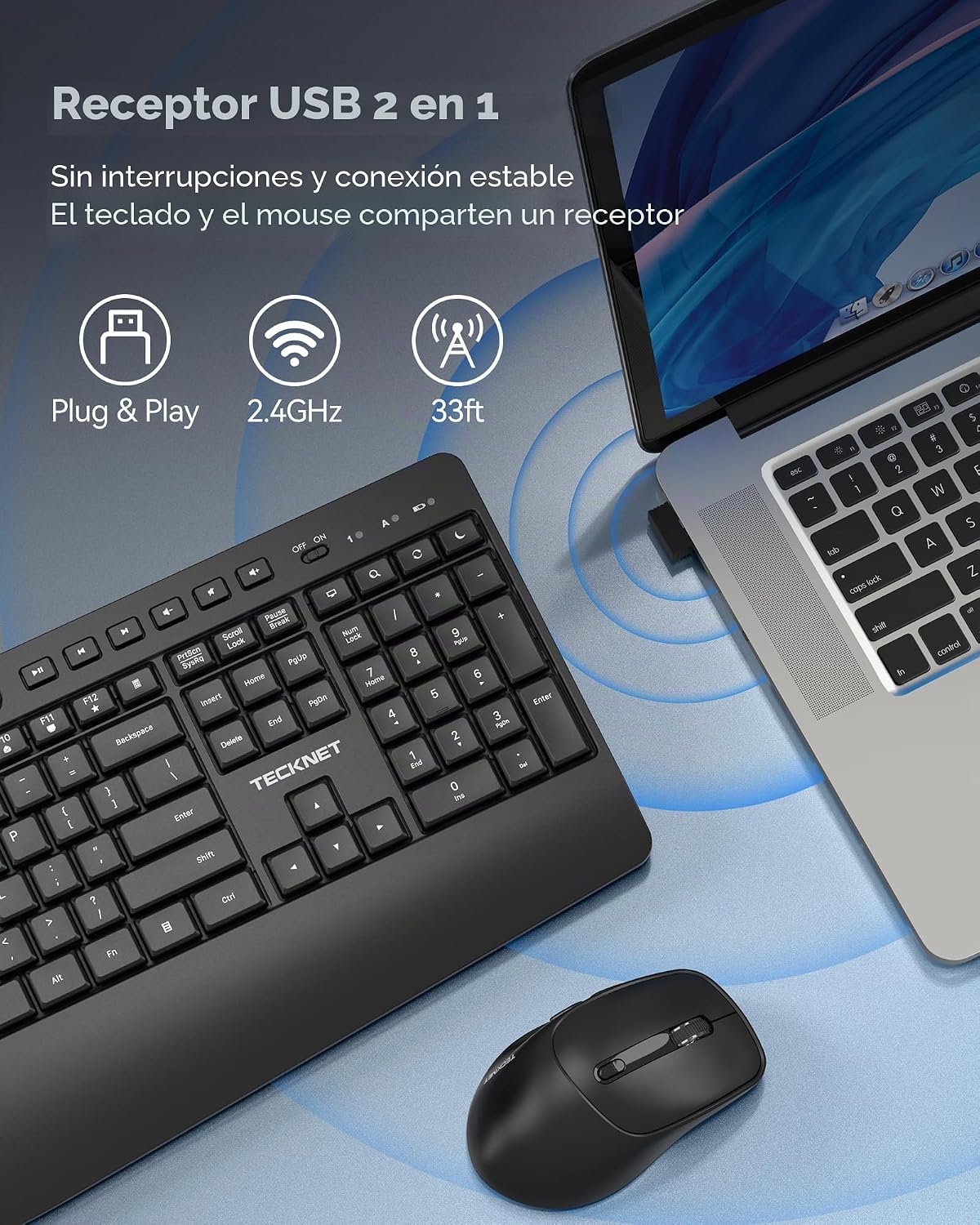 TECKNET Combo de teclado y mouse inalámbricos, teclado ergonómico d...
