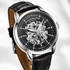 Stuhrling Original Reloj de vestir automático para hombre con correa de cuero en relieve de cocodrilo con esfera de esqueleto