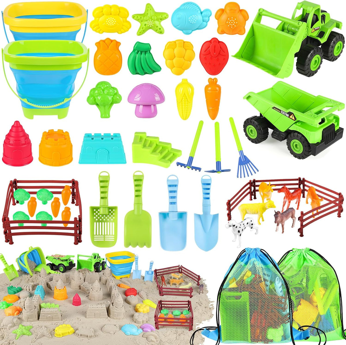 Juguetes de playa de granja con camiones, animales, verduras para