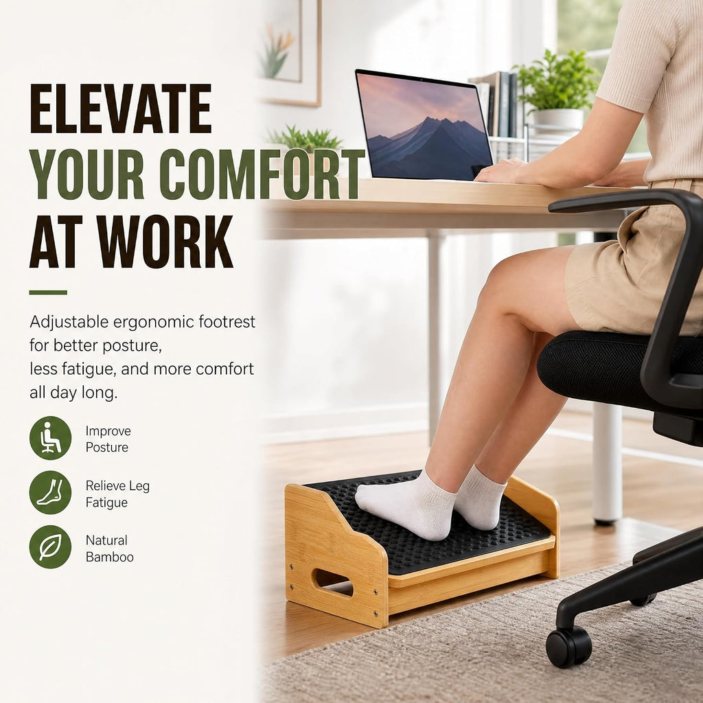 Lámpara Hiceeden Reposapiés de bambú debajo del escritorio, reposapiés ergonómico con 4 alturas ajustables, taburete antideslizante con superficie de masaje para trabajo en oficina y hogar, mejora la postura