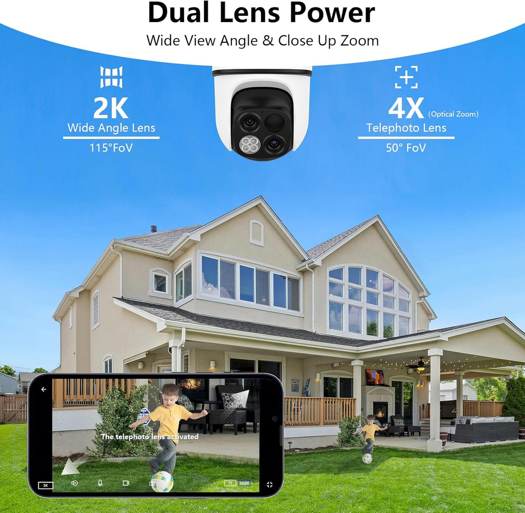 Wansview Cámara solar inalámbrica para exteriores, lente dual 2K 360°, 2.4G, B7 1 paquete | Cámaras PTZ 2K para seguridad del hogar con panel solar/alimentada por batería, detección PIR
