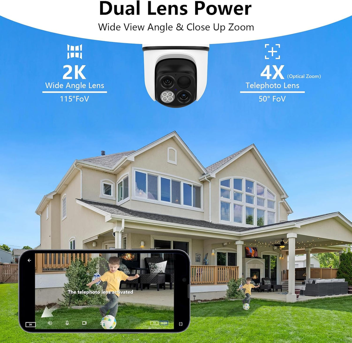 Wansview Cámara solar inalámbrica para exteriores, lente dual 2K 360°, 2.4G, B7 1 paquete | Cámaras PTZ 2K para seguridad del hogar con panel solar/alimentada por batería, detección PIR