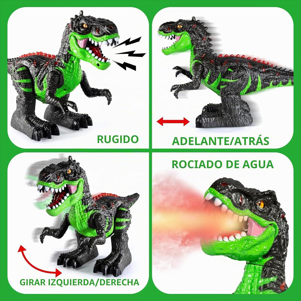 Juguete de dinosaurio a control remoto para niños de 3-5, 5-7 años, juguete robot de dinosaurio T-rex para caminar a control remoto con aerosol de niebla de agua, luces y sonidos, batería recargable