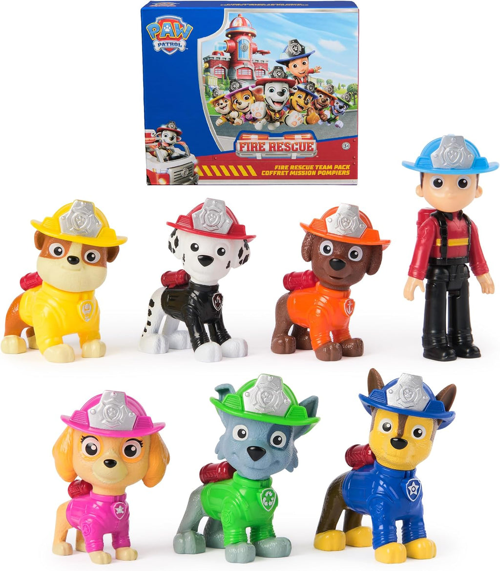 Paquete de figuras de acción coleccionables del equipo de rescate contra incendios de Paw Patrol con 7 figuras, incluyendo Ryder y 6 cachorros, juguetes para niños y niñas a partir de 3 años