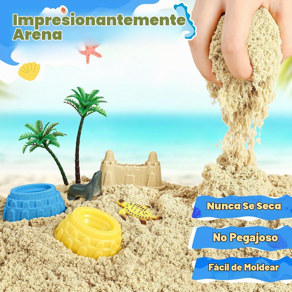 FRUSE - Contenedor sensorial del océano, kit de arte de arena con arena de juego de 2.2 libras, 12 juguetes de animales marinos, moldes de arena, juguete de playa para juegos de rol, juguetes de arena