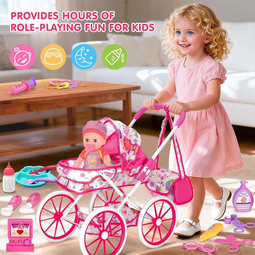 Juego de juguetes de cochecito de bebé, muñeca de 12 pulgadas con a...