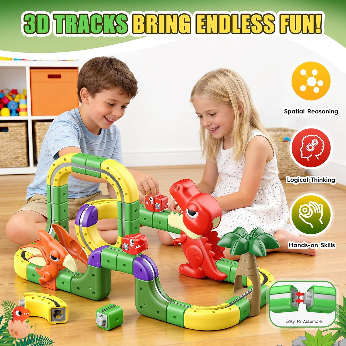Juego de tren magnético de dinosaurio para niños de 3 a 5: 115 piezas 3D Infinity Racer Cube pistas antigravedad riel eléctrico de tren de pistas de regalos de cumpleaños juguetes para niños