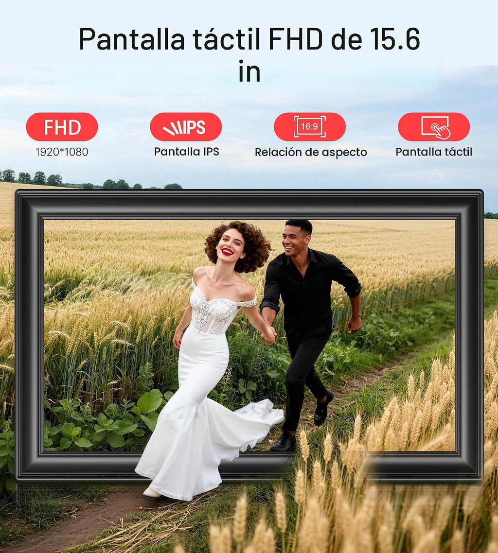 Marco de fotos digital Frameo de 64 GB de 15.6 pulgadas, WiFi, marcos de fotos electrónicos grandes de 1920 x 1080 IPS FHD pantalla táctil, envía fotos desde tu teléfono desde cualquier lugar, el