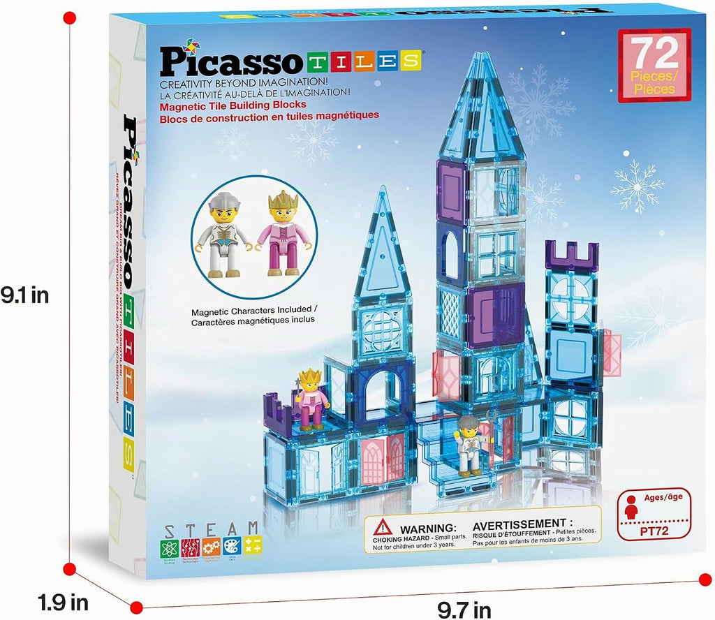 PicassoTiles - Juego de 72 azulejos magnéticos de castillo, juguete de invierno con temática de hielo