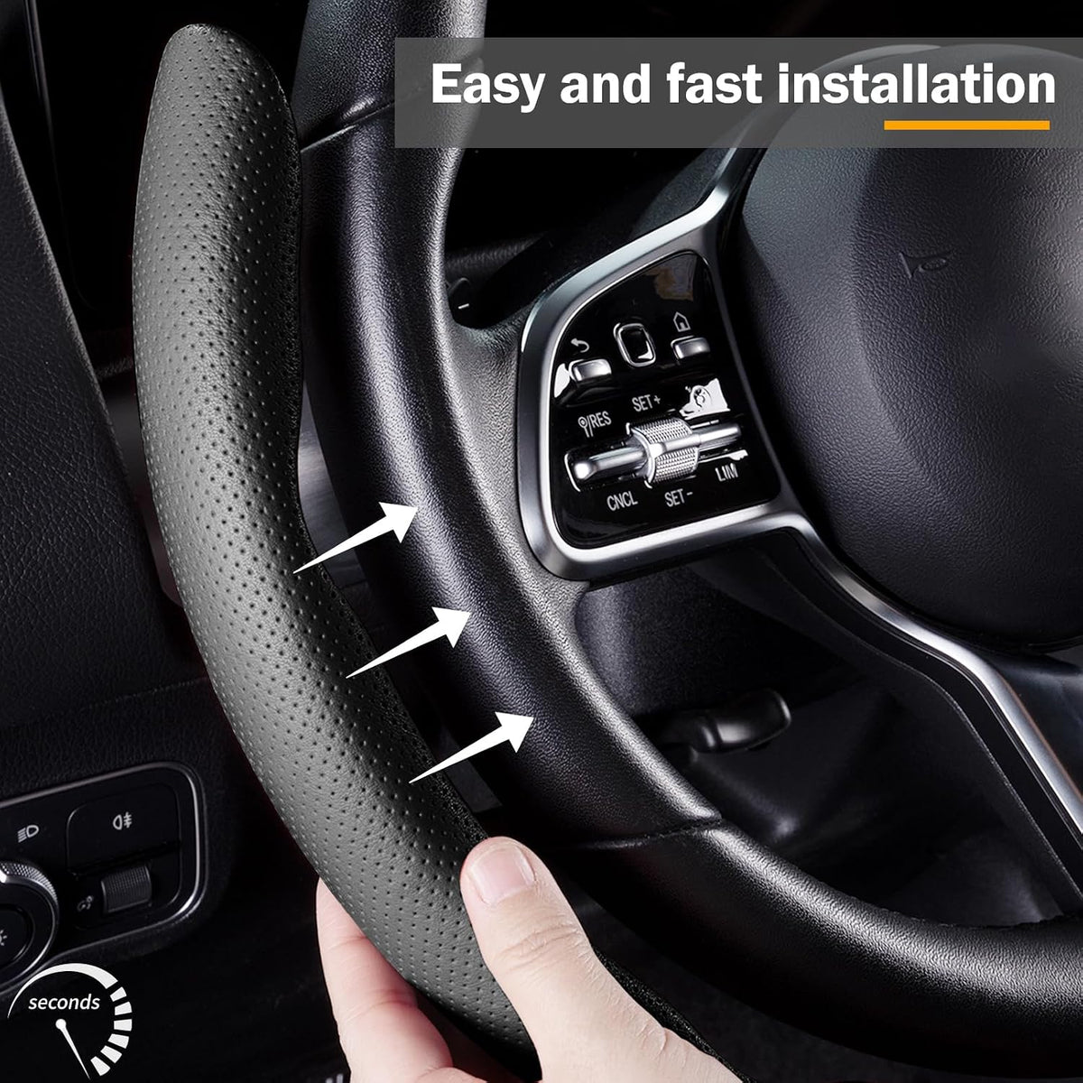 Cubierta de volante de coche de cuero con cierre de presión de 3 piezas, juego de protector antideslizante y envolvente, accesorios para volante universal de 37-38 cm, negro