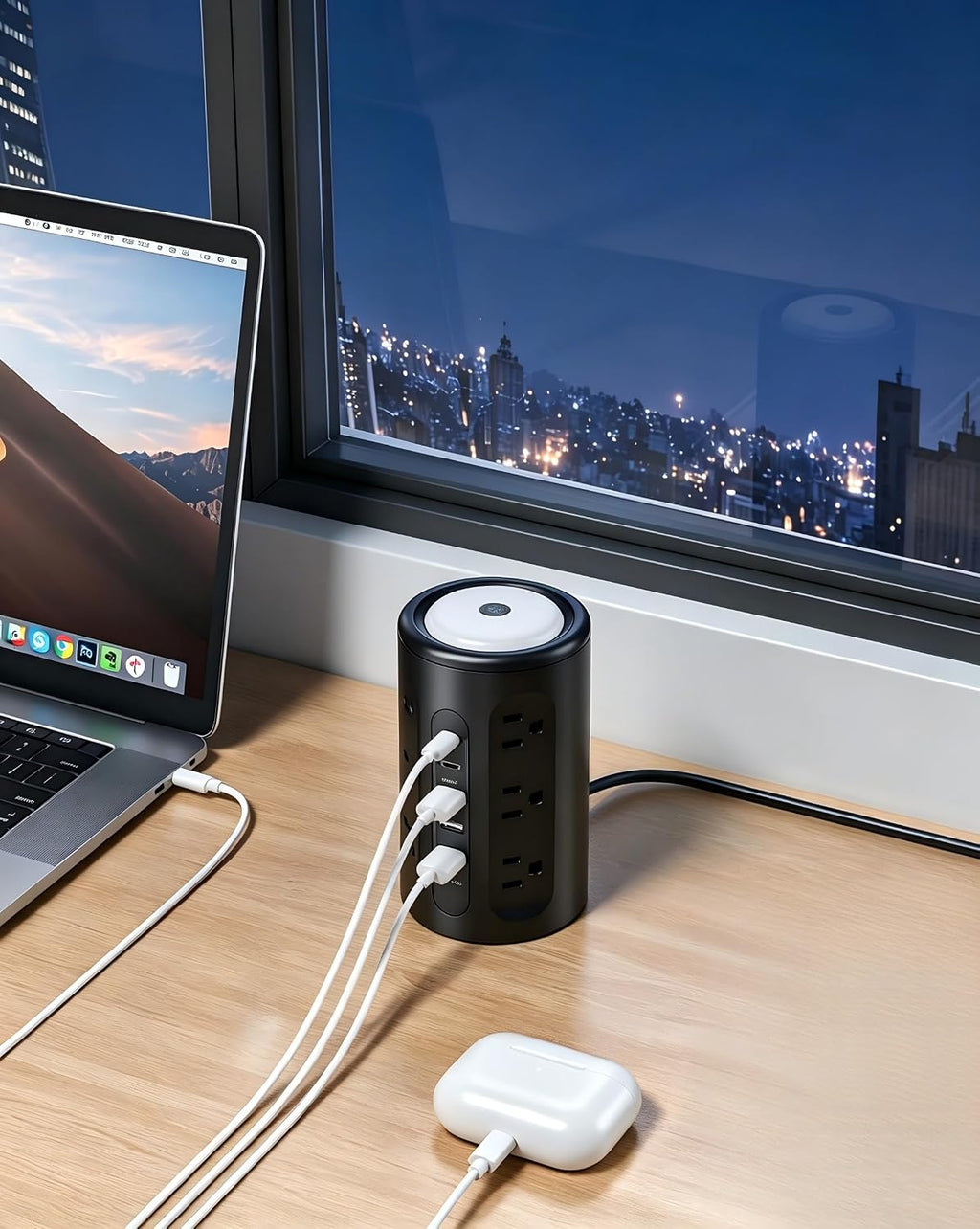 Torre de tira de alimentación AnnTane con luz nocturna, tira de alimentación con protector de sobretensiones y puertos USB, cable de extensión de 10 pies con múltiples tomas (12AC+3A+2C) para