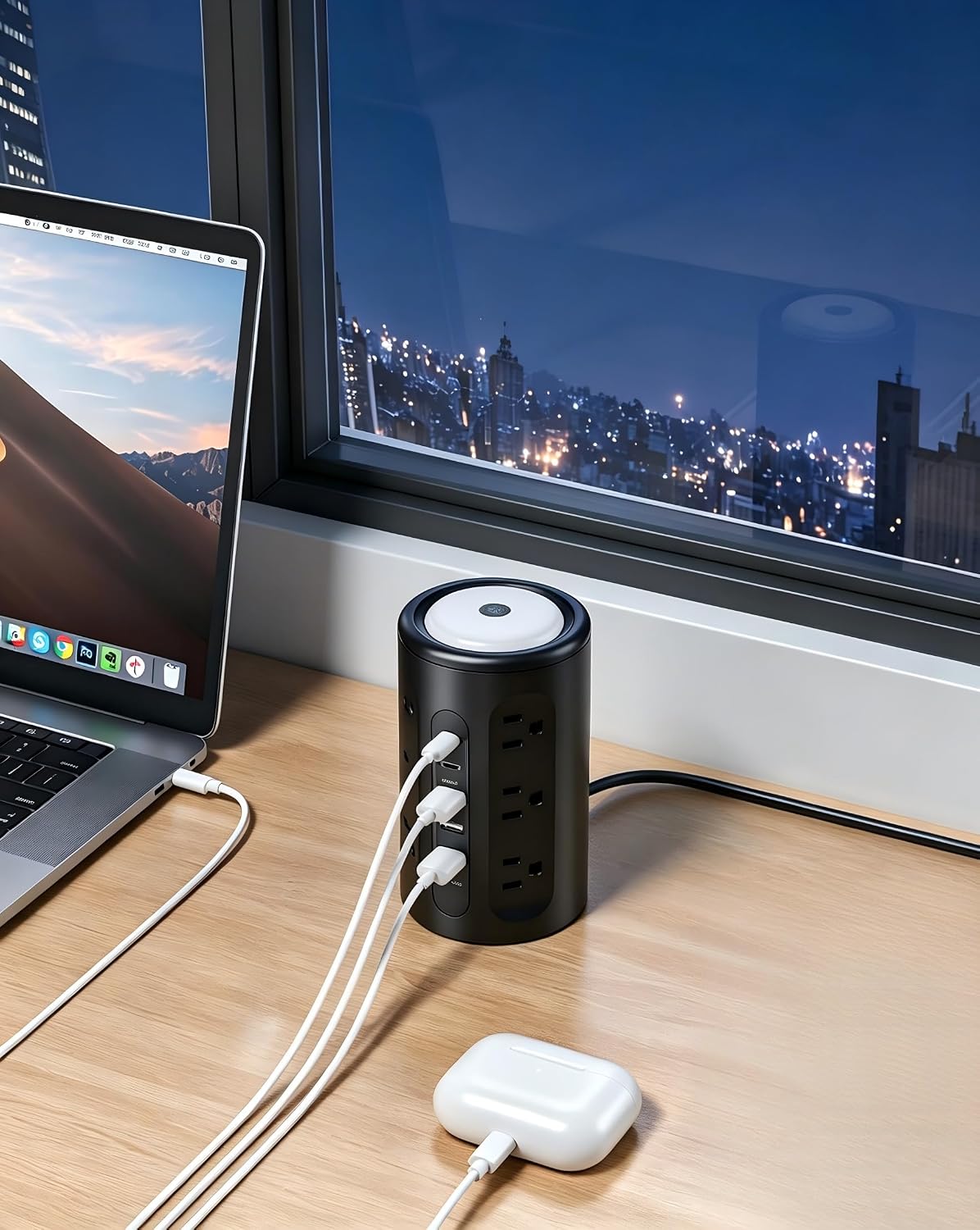Torre de tira de alimentación AnnTane con luz nocturna, tira de alimentación con protector de sobretensiones y puertos USB, cable de extensión de 10 pies con múltiples tomas (12AC+3A+2C) para
