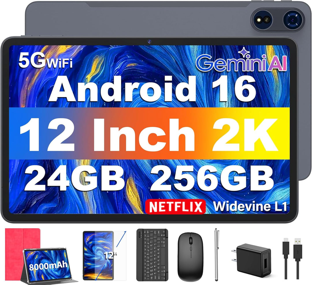 Tableta de 12 pulgadas con teclado, tableta Android 16 con Gemini A...
