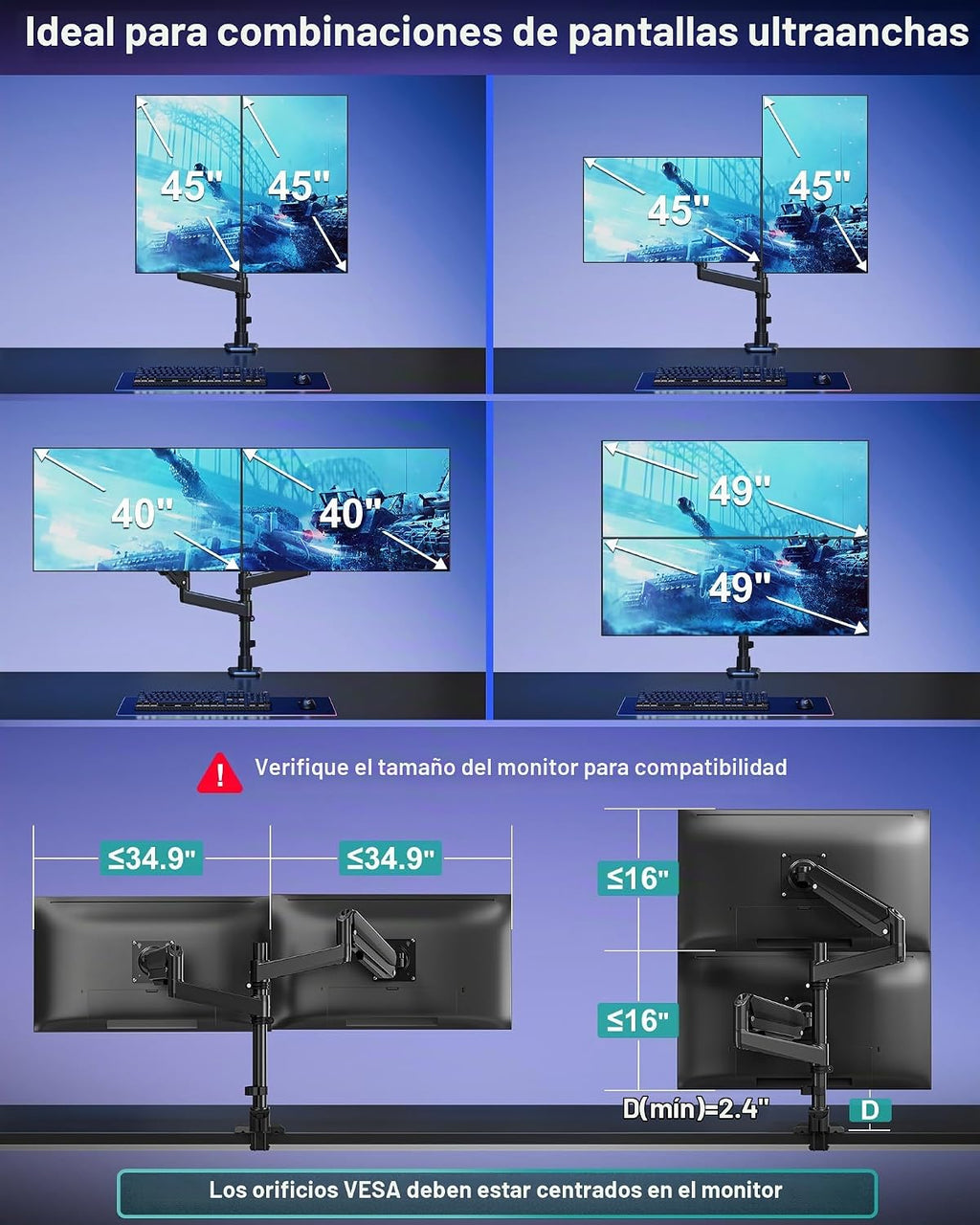 Brazo de monitor dual MOUNT PRO para pantallas ultraanchas de hasta 49" de