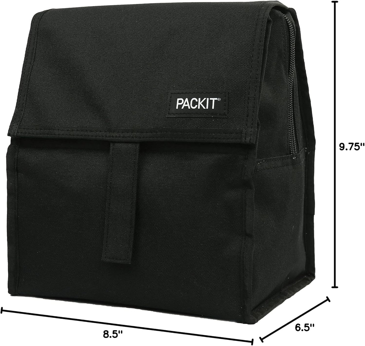 PackIt Bolsa de almuerzo congelable, negra, fabricada con tecnología EcoFreeze, plegable, reutilizable, cierre con cremallera y doblez con asa de hebilla, perfecta para almuerzos escolares y de