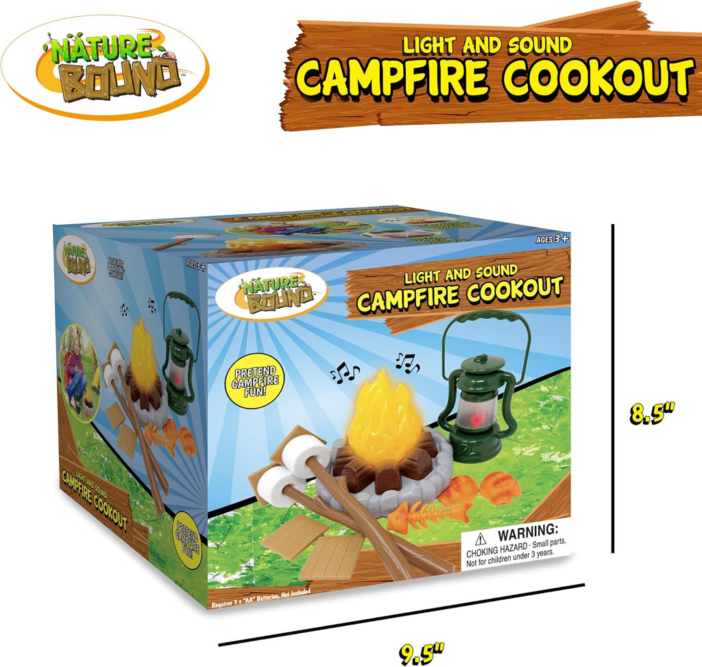 Nature Bound Kids Camping Playset - Juego de camping para niños con fogata iluminada - Set de juguete para aventuras en interiores y exteriores - Finge hacer s'mores, linterna y accesorios de camping (Caja de regalo)