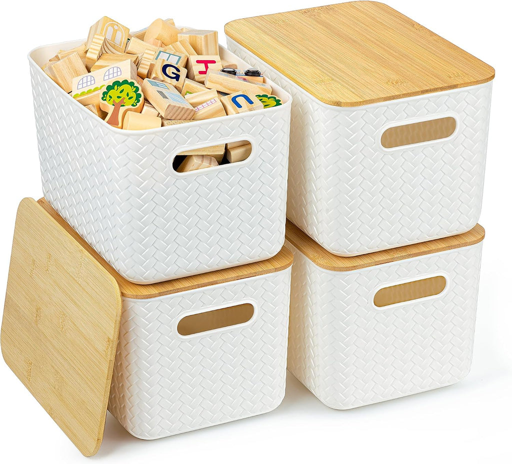 Ohmlove Paquete de 4 contenedores de almacenamiento con tapas de bambú, contenedores de almacenamiento de plástico con tapas, caja de almacenamiento apilable: cestas de almacenamiento para organizar