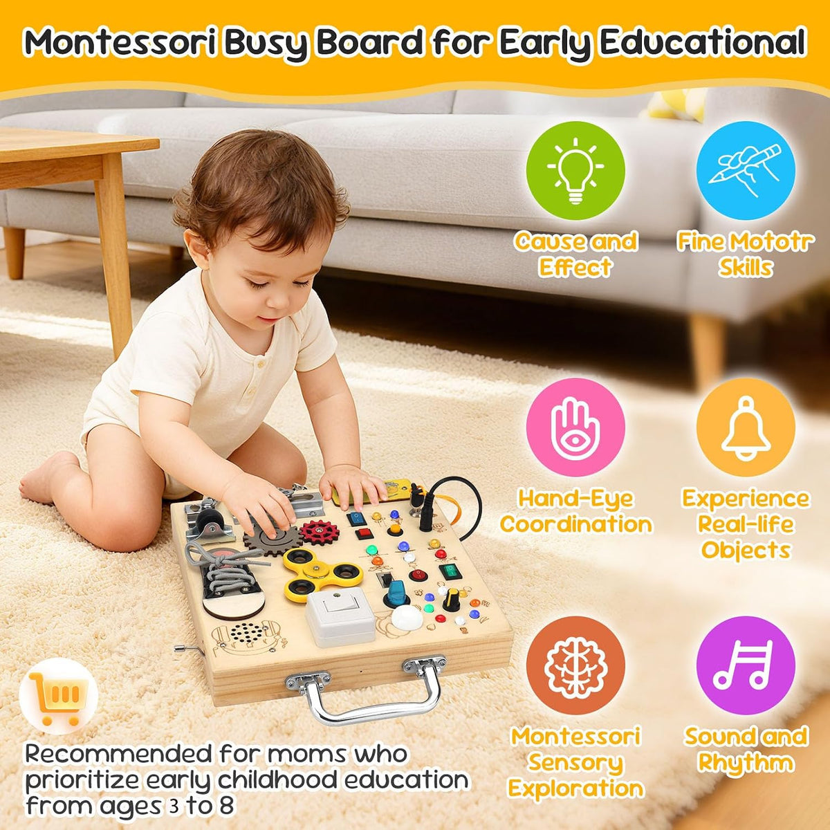 Montessori - Tablero de actividades sensoriales y luces LED para niños pequeños, tablero de madera con cajas de música y cerraduras y 17 luces LED, juguete educativo de viaje, regalo de cumpleaños