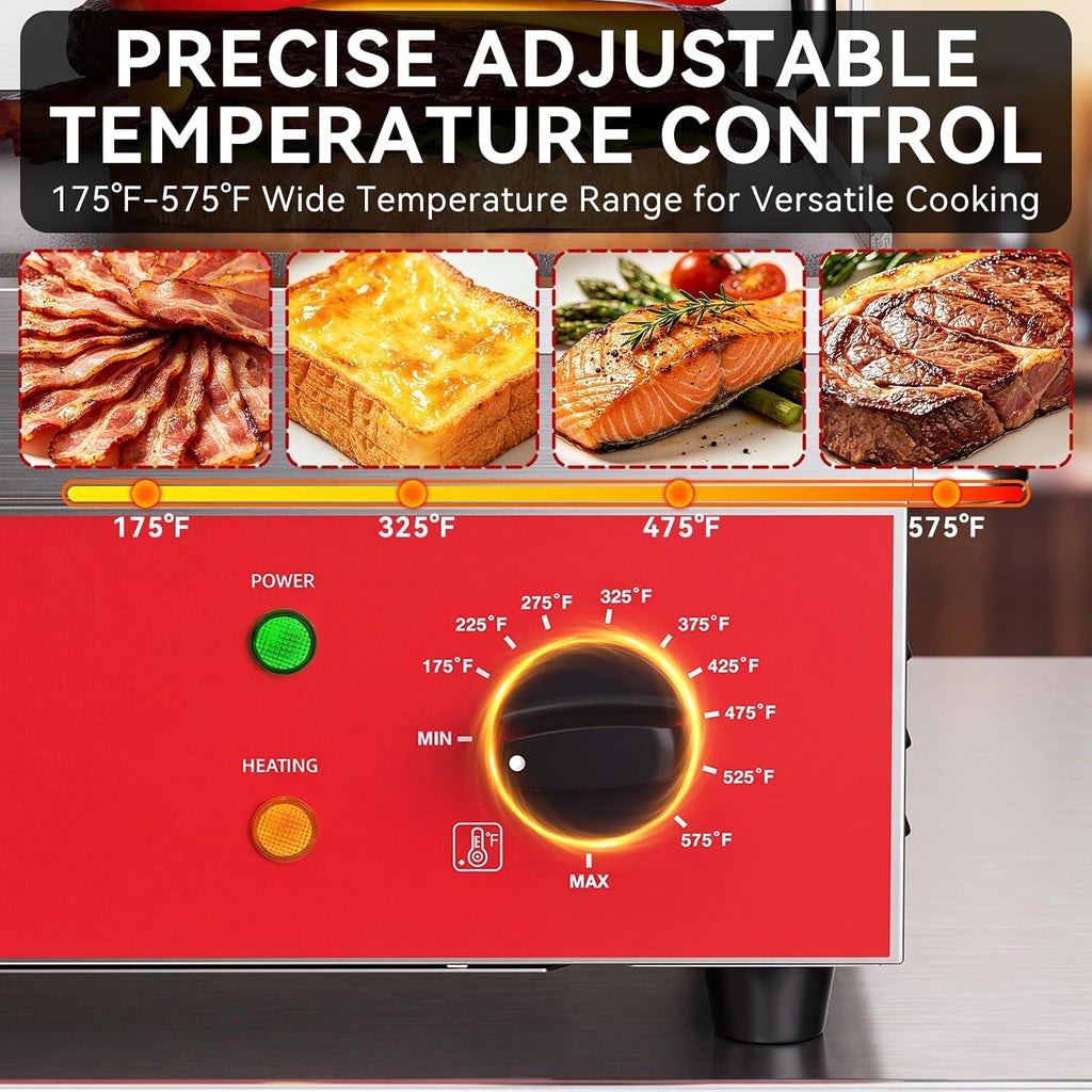 CROSSON Parrilla Panini eléctrica comercial plana con certificación ETL de 15 x 11 pulgadas, placa superior con bisagras de nivelación automática Panini Press Sandwitch Maker