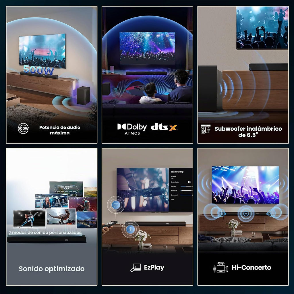 Hisense AX3100Q Barra de sonido de 3.1 canales con subwoofer inalámbrico, Dolby Atmos, DTS:X, canal central, control de aplicación y control remoto, Bluetooth 5.3, listo para Roku TV, 7 modos de ecualización