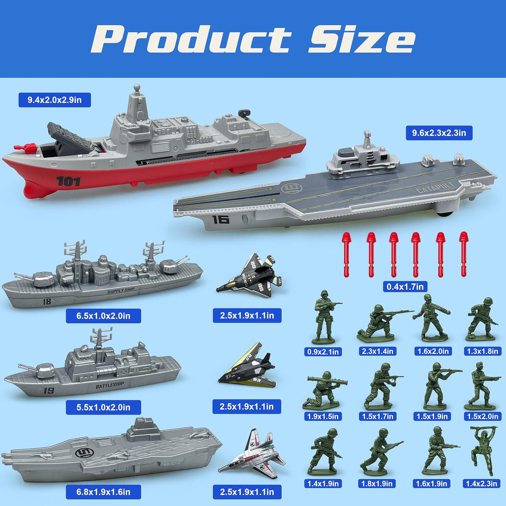 Juego de Juguetes de Portaaviones, Juguetes Militares, Lanza Batalla Naval con 12 Piezas de Soldaditos Verdes, 3 Pequeños Aviones de Juguete, 3 Barcos de Juguete, Juguetes del Ejército para