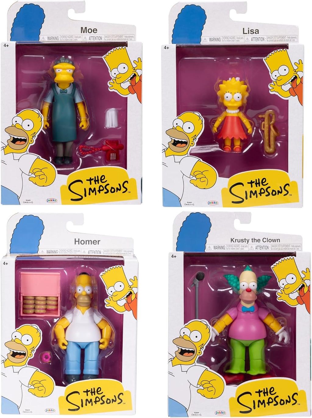 JAKKS Pacific Disney - Figuras de acción de Los Simpson, paquete de 4 figuras coleccionables de 5 pulgadas de Wave 2 - Lisa, Krusty, Moe y Homer