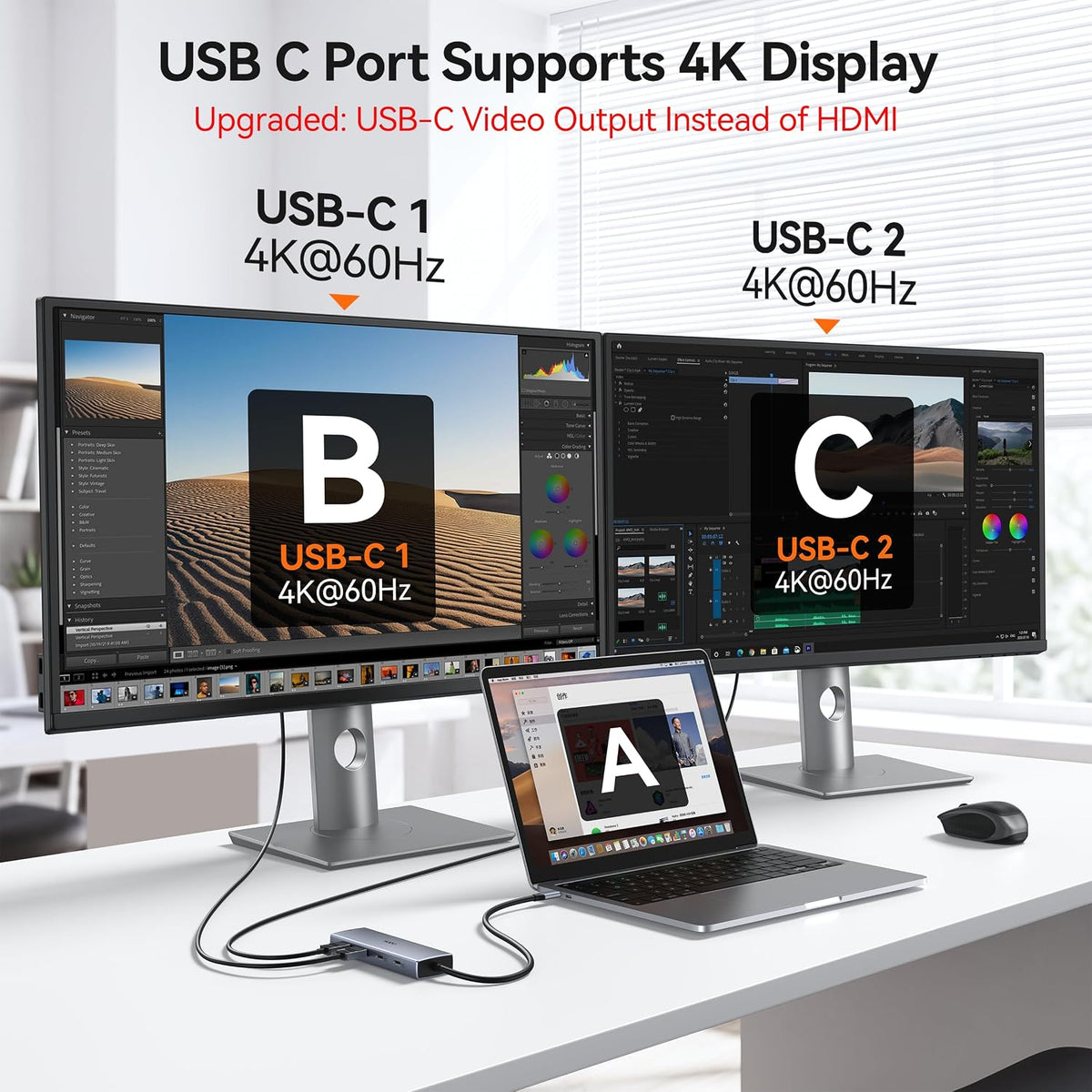 Adaptador USB-C Hub Dual 4K@60Hz USB-C para Dell HP, 100W PD USB-C Splitter