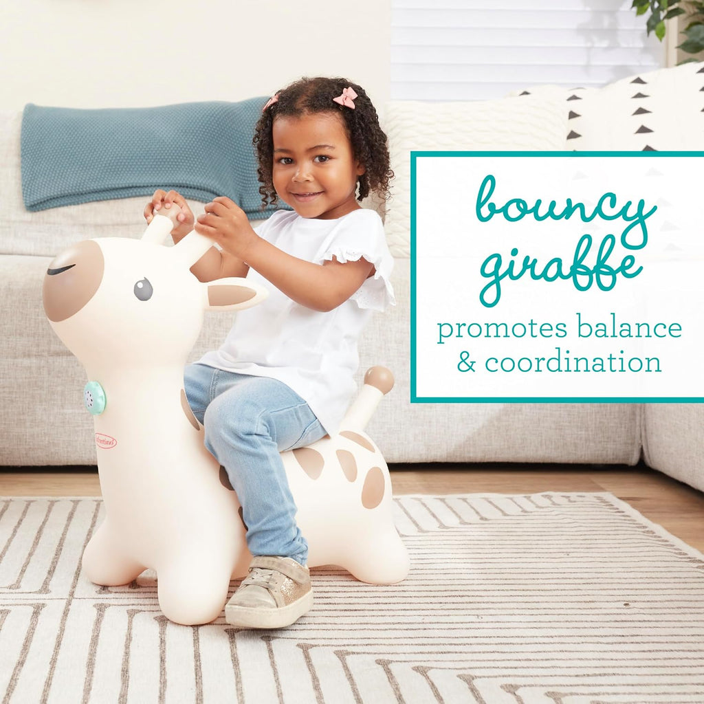 Infantino Bouncy Hoppy Pal, juguete de jirafa para niños pequeños, luces y sonidos, gorila fácil de inflar con asa, juguete de habilidad motora gruesa para interiores, a partir de 12 meses