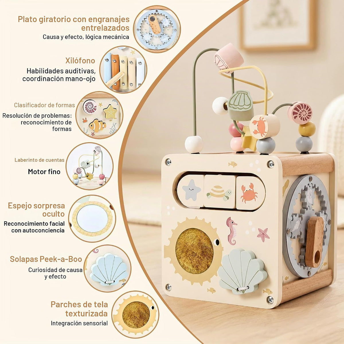 Cubo de actividades de madera, juguete Montessori 6 en 1 para niños