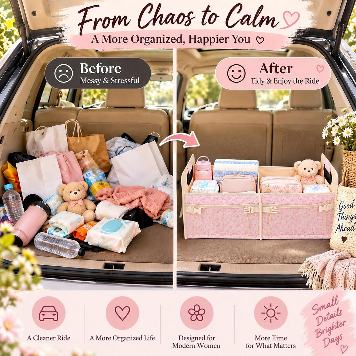 Organizador de Maletero para Coche con Tejido Acolchado y Estampado Floral para Mujeres, Almacenamiento SUV