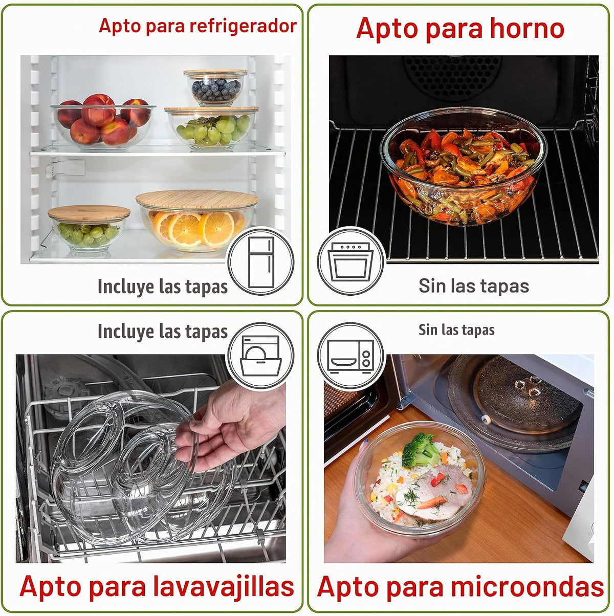 Juego apilable de 5 cuencos de vidrio anidados para ahorrar espacio con tapas de bambú para preparación de alimentos, almacenamiento, horneado, mezcla y cocina, aptos para microondas y horno