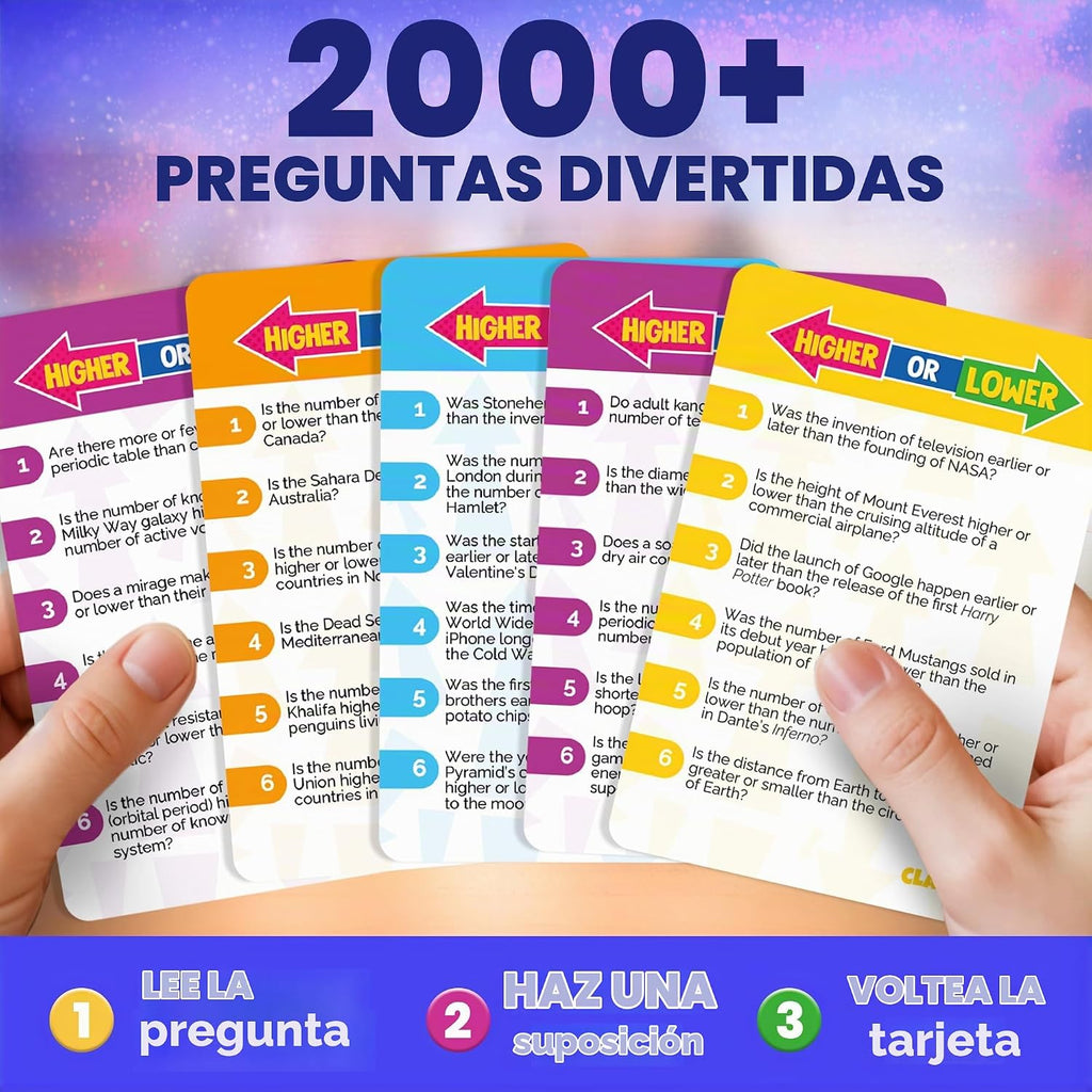 Juegos de mesa de trivia para niños y adultos - Set de 4 cartas Más Alto o Más Bajo