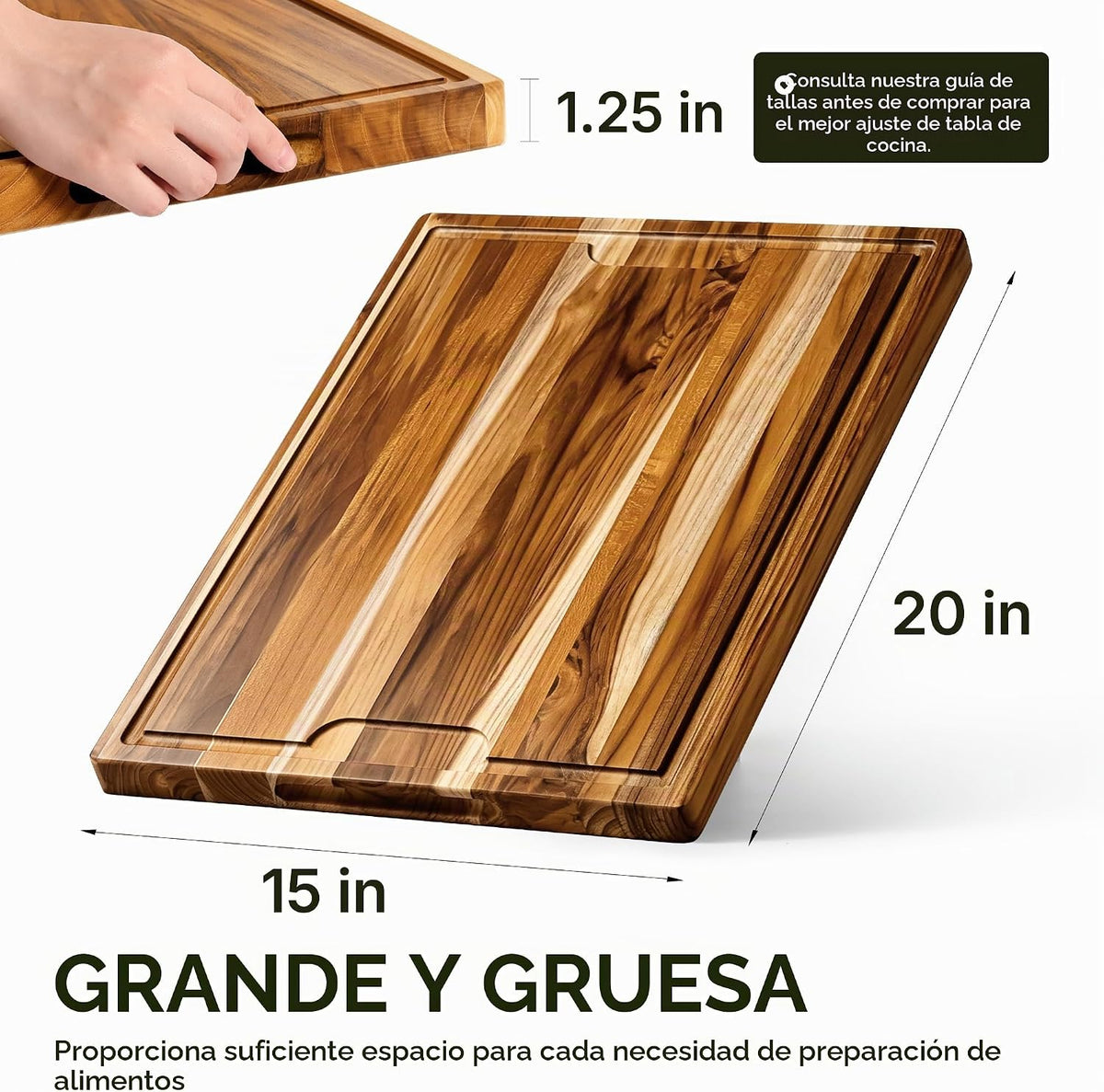 Tabla de cortar de teca 20 x 15 in, bloque de carnicero con canal de jugo
