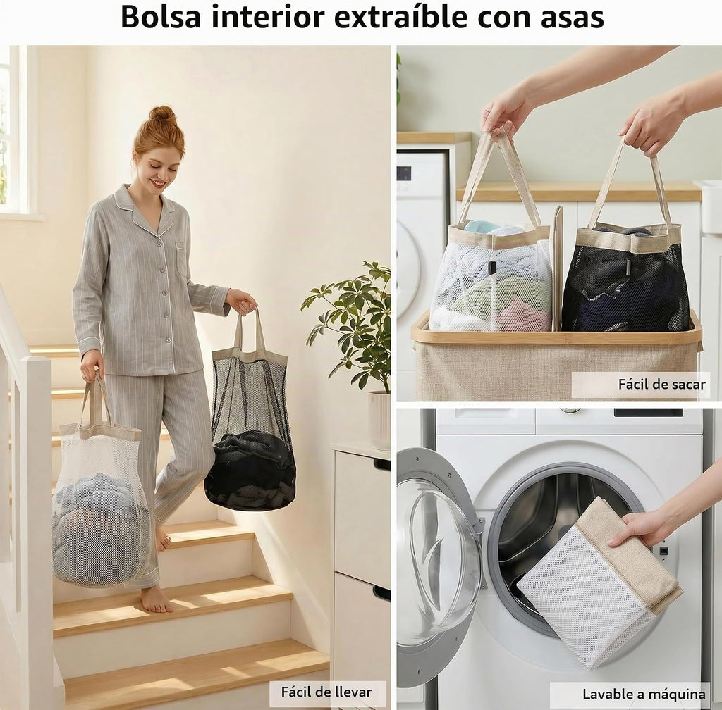 efluky Cesta doble para ropa sucia con tapa y 2 bolsas extraíbles, color